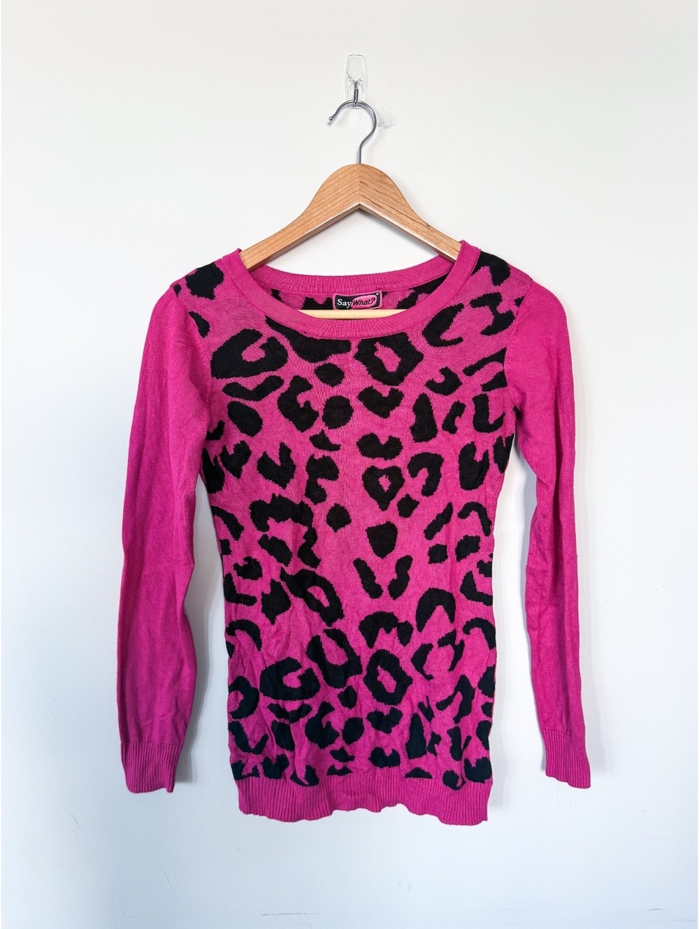 Say What Cheetah Print Hot Pink Crewneck Long Sleeve Sweater Y2K Jersey Shore